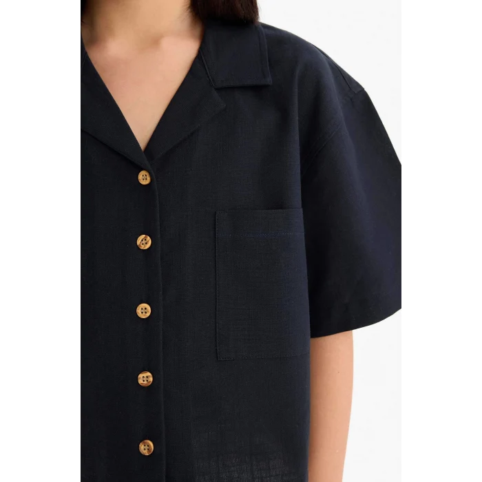 Defacto D7638 Siyah Kız Çocuk Cropped Fit Keten Kısa Kollu Gömlek