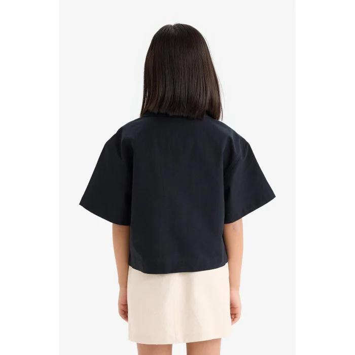 Defacto D7638 Siyah Kız Çocuk Cropped Fit Keten Kısa Kollu Gömlek