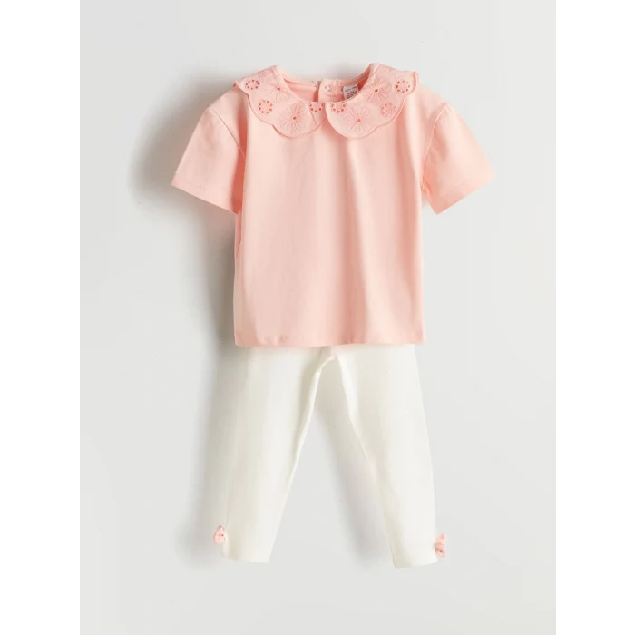 LCW baby PEMBE Bebe Yaka Nakışlı Kız Bebek Bluz ve Tayt 2li