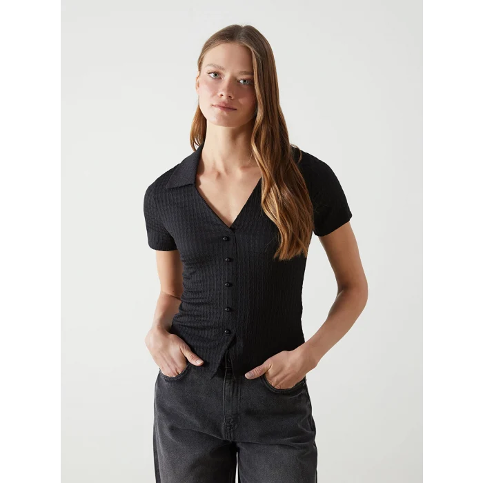 LCW Vision Siyah Polo Yaka Dokulu Kadın Bluz