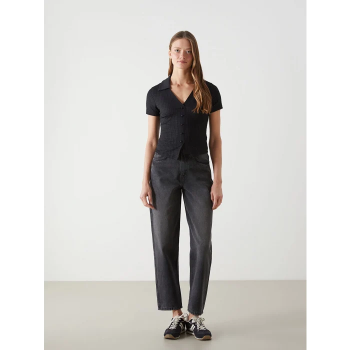 LCW Vision Siyah Polo Yaka Dokulu Kadın Bluz