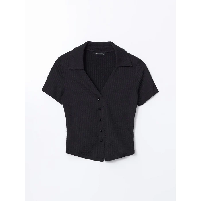 LCW Vision Siyah Polo Yaka Dokulu Kadın Bluz