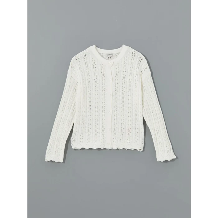 LCW Kids Ekru Bisiklet Yaka Ajurlu Kız Çocuk Triko Hırka