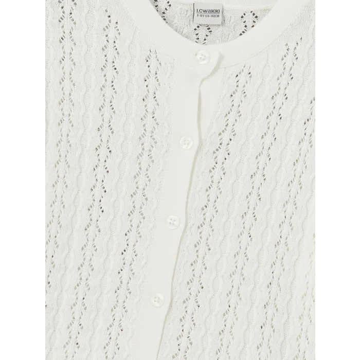 LCW Kids Ekru Bisiklet Yaka Ajurlu Kız Çocuk Triko Hırka