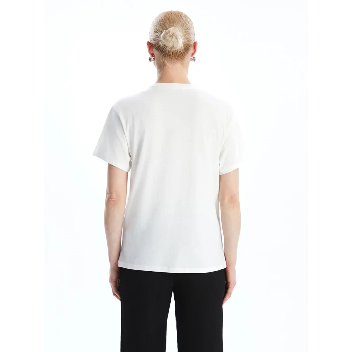 LCW Vision Ekru Bisiklet Yaka Çiçekli Kadın Tişört