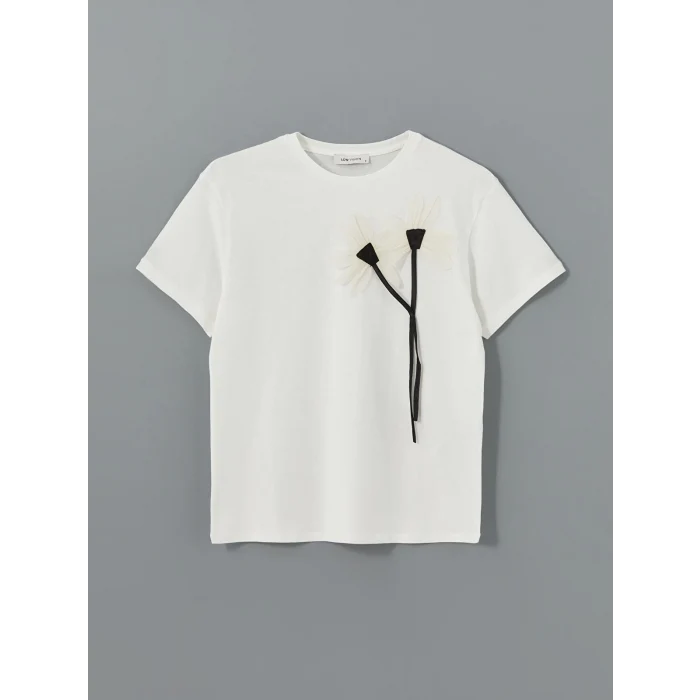 LCW Vision Ekru Bisiklet Yaka Çiçekli Kadın Tişört