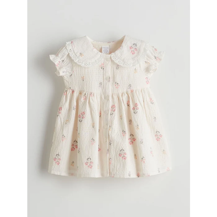 LCW baby Ekru Bebe Yaka Çiçekli Kız Bebek Elbise