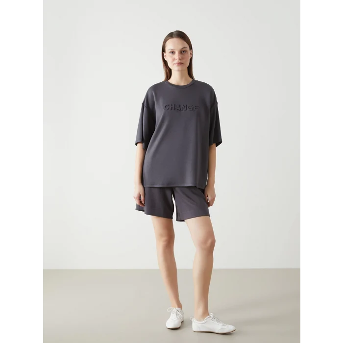 LCW Vision Antrasit Bisiklet Yaka Baskılı Oversize Kadın Tişört