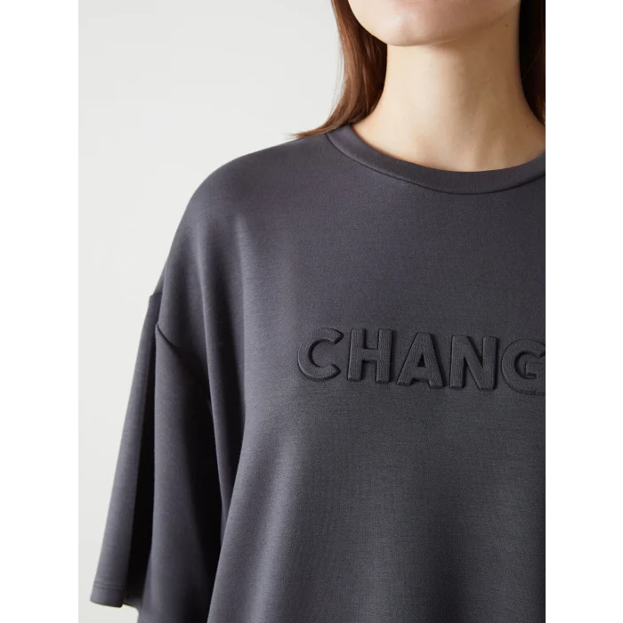 LCW Vision Antrasit Bisiklet Yaka Baskılı Oversize Kadın Tişört