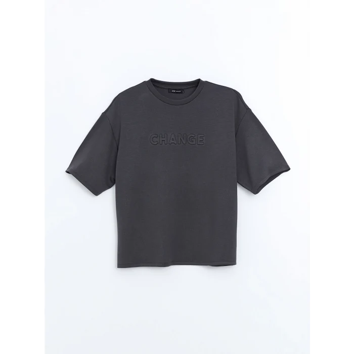 LCW Vision Antrasit Bisiklet Yaka Baskılı Oversize Kadın Tişört