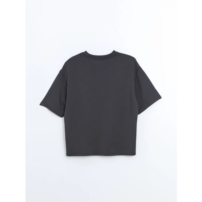 LCW Vision Antrasit Bisiklet Yaka Baskılı Oversize Kadın Tişört