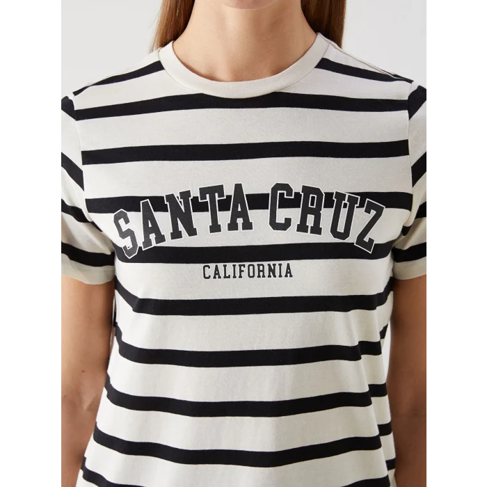 LCW Vision Bej Bisiklet Yaka California Baskılı Kadın Tişört