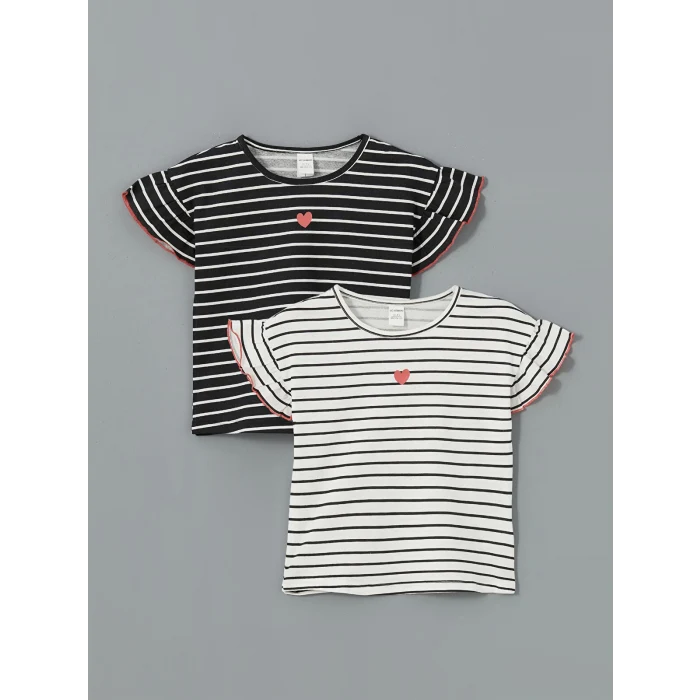 LCW Kids Ekru Çizgili Fırfırlı Kız Çocuk Tişört 2li