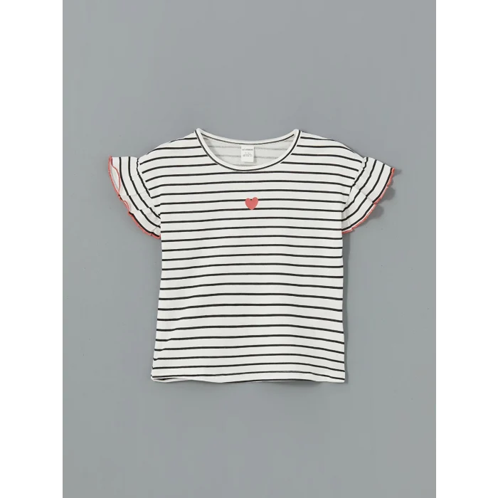 LCW Kids Ekru Çizgili Fırfırlı Kız Çocuk Tişört 2li