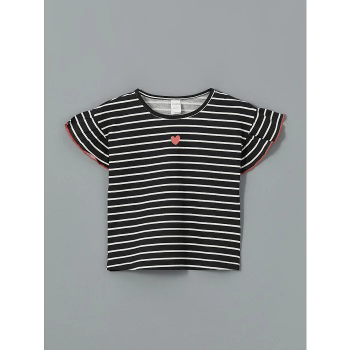 LCW Kids Ekru Çizgili Fırfırlı Kız Çocuk Tişört 2li