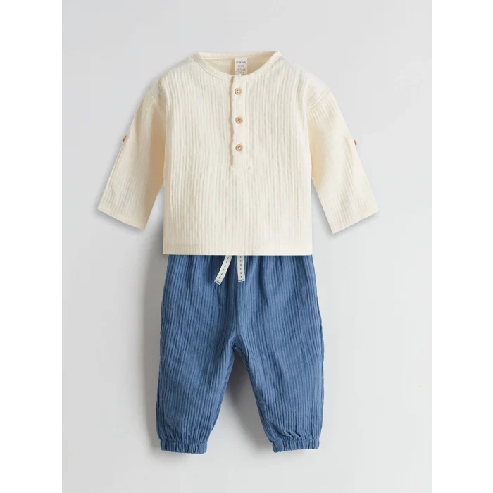 LCW baby Ekru Düğmeli Erkek Bebek Tişört ve Pantolon 2li