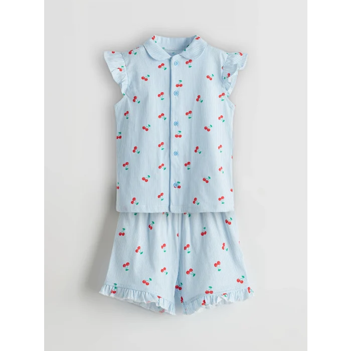 LCW baby Ekru Kiraz Baskılı Kız Bebek Şortlu Pijama Takım