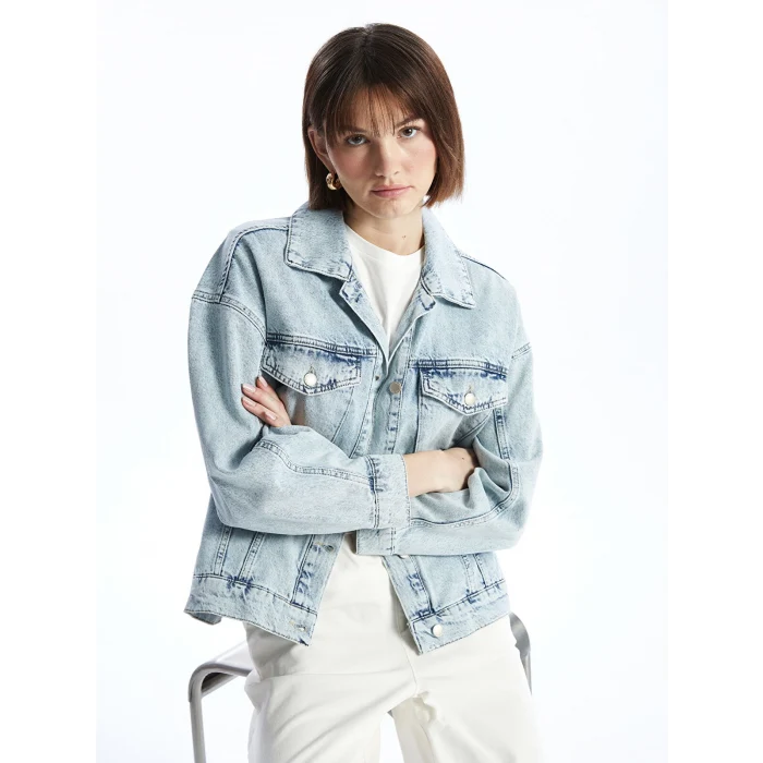 LCW Vision Indigo Gömlek Yaka Oversize Kadın Jean Ceket