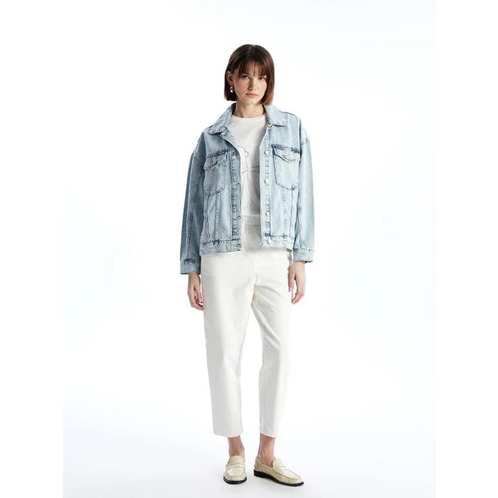 LCW Vision Indigo Gömlek Yaka Oversize Kadın Jean Ceket