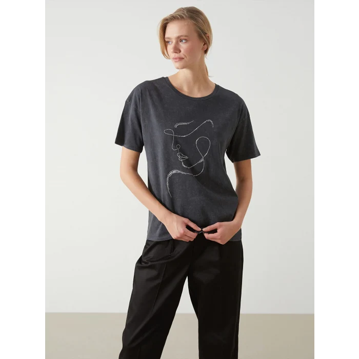 LCW Vision Antrasit Bisiklet Yaka Taşlı Kadın Tişört