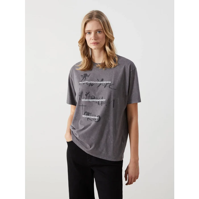 LCW Vision Antrasit Bisiklet Yaka Baskılı Oversize Kadın Tişört