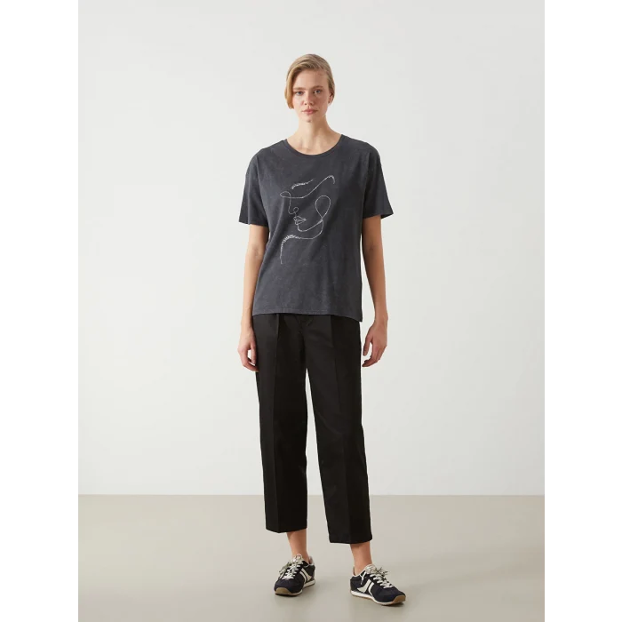 LCW Vision Antrasit Bisiklet Yaka Taşlı Kadın Tişört