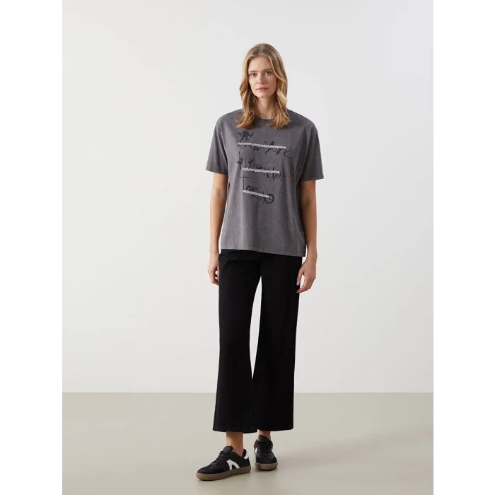 LCW Vision Antrasit Bisiklet Yaka Baskılı Oversize Kadın Tişört