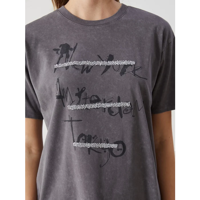 LCW Vision Antrasit Bisiklet Yaka Baskılı Oversize Kadın Tişört