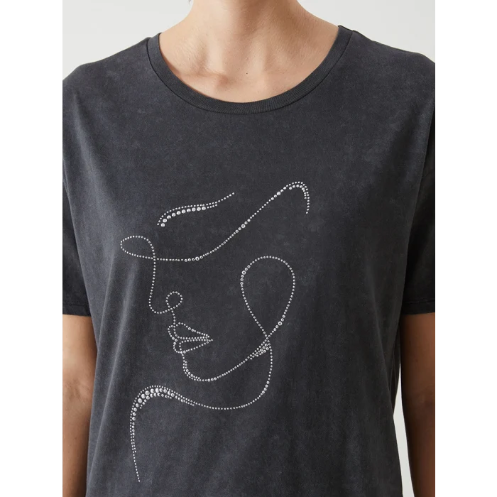 LCW Vision Antrasit Bisiklet Yaka Taşlı Kadın Tişört