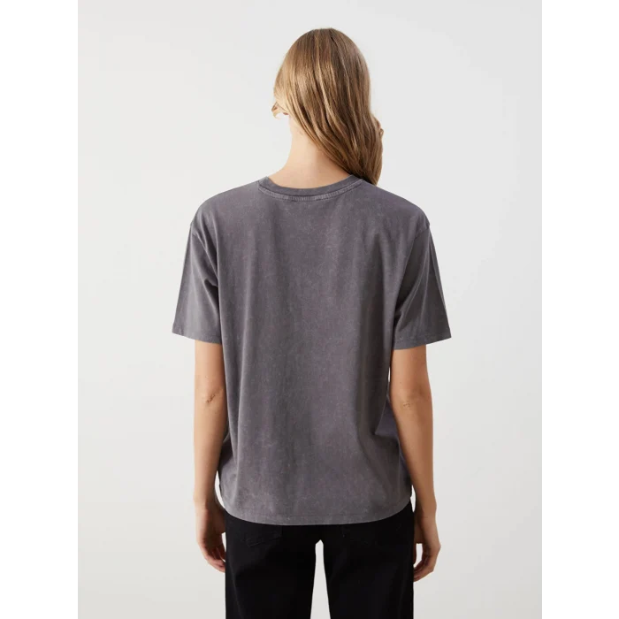 LCW Vision Antrasit Bisiklet Yaka Baskılı Oversize Kadın Tişört