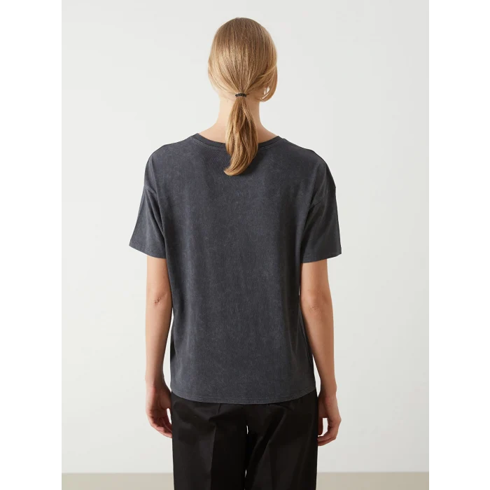 LCW Vision Antrasit Bisiklet Yaka Taşlı Kadın Tişört