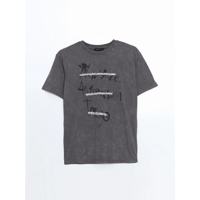 LCW Vision Antrasit Bisiklet Yaka Baskılı Oversize Kadın Tişört