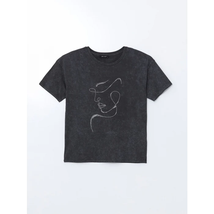 LCW Vision Antrasit Bisiklet Yaka Taşlı Kadın Tişört