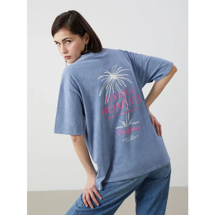 LCW Vision Mavi Bisiklet Yaka Baskılı Oversize Kadın Tişört