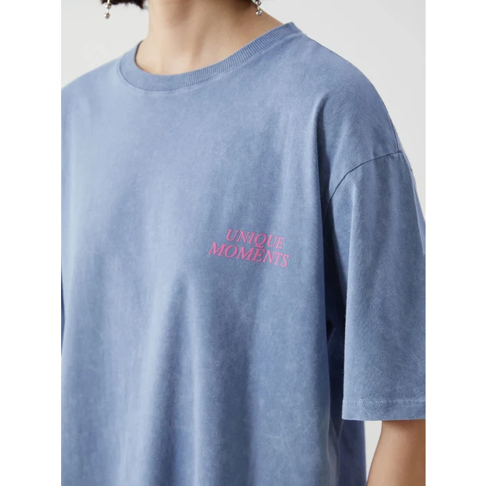 LCW Vision Mavi Bisiklet Yaka Baskılı Oversize Kadın Tişört