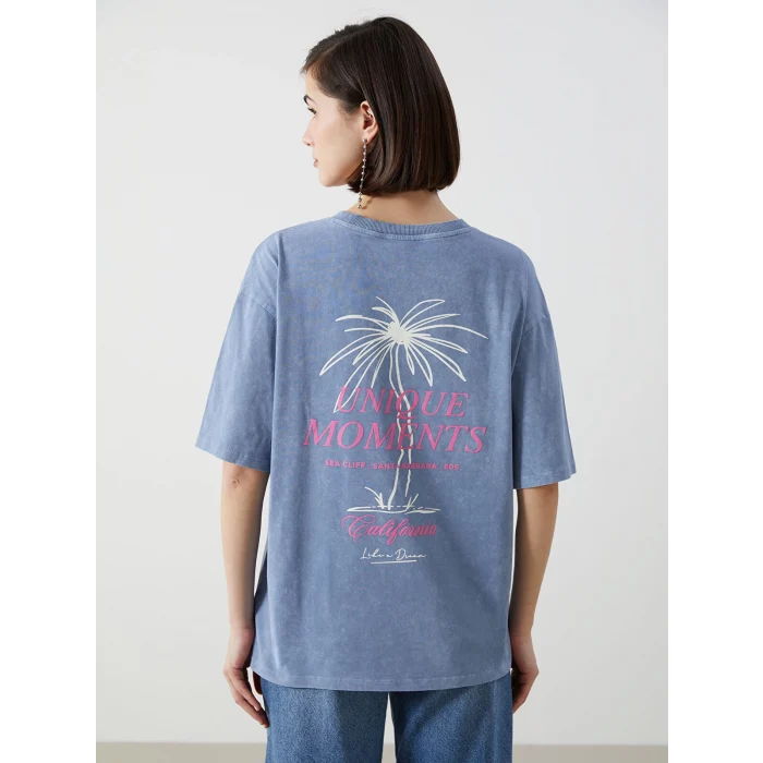 LCW Vision Mavi Bisiklet Yaka Baskılı Oversize Kadın Tişört