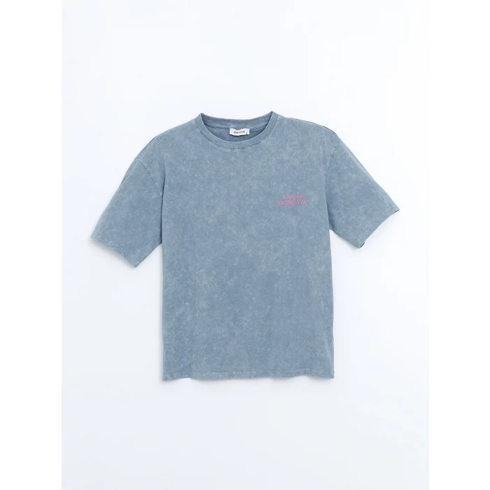 LCW Vision Mavi Bisiklet Yaka Baskılı Oversize Kadın Tişört