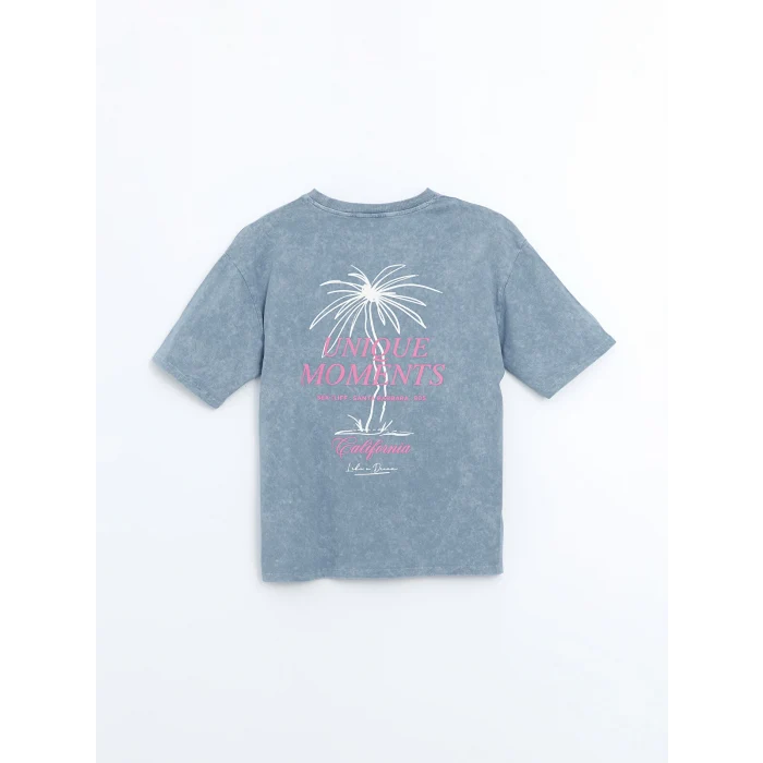 LCW Vision Mavi Bisiklet Yaka Baskılı Oversize Kadın Tişört