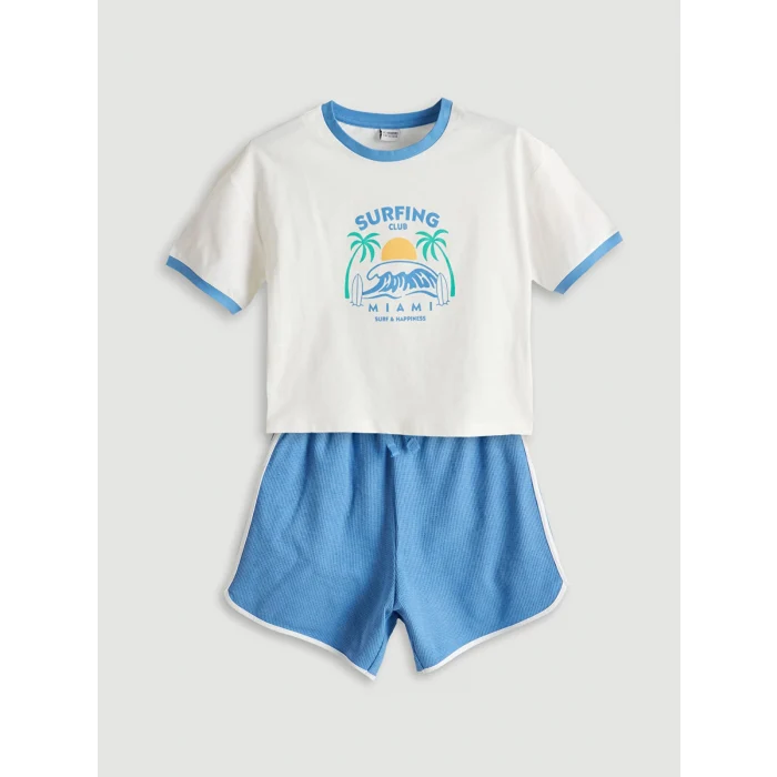 LCW Kids Ekru Bisiklet Yaka Kız Çocuk Tişört ve Şort