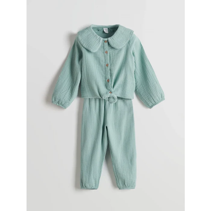 LCW Kids Yeşil Bebe Yaka Kız Çocuk Gömlek ve Pantolon 2li