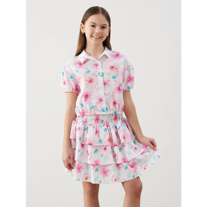 LCW Kids Pembe Beli Lastikli Çiçekli Kız Çocuk Etek