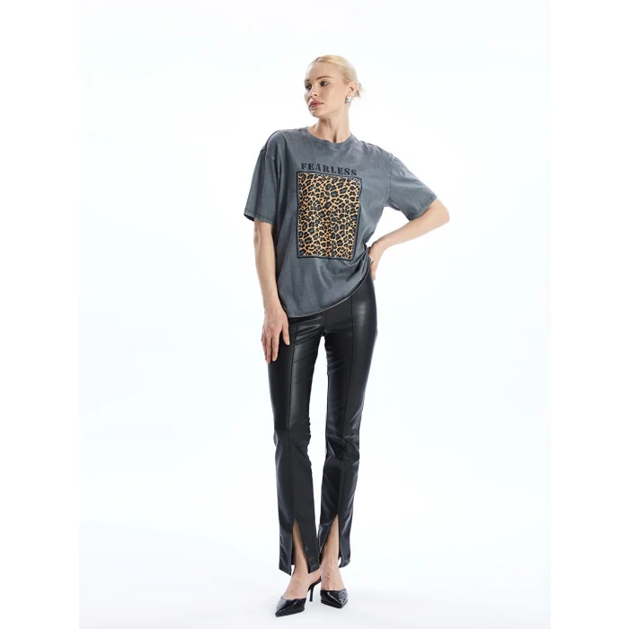LCW Vision ANTRASİT Bisiklet Yaka Leopar Desenli Kadın Tişört