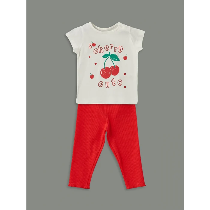 LCW baby Ekru Bisiklet Yaka Baskılı Kız Bebek Tişört ve Tayt 2li