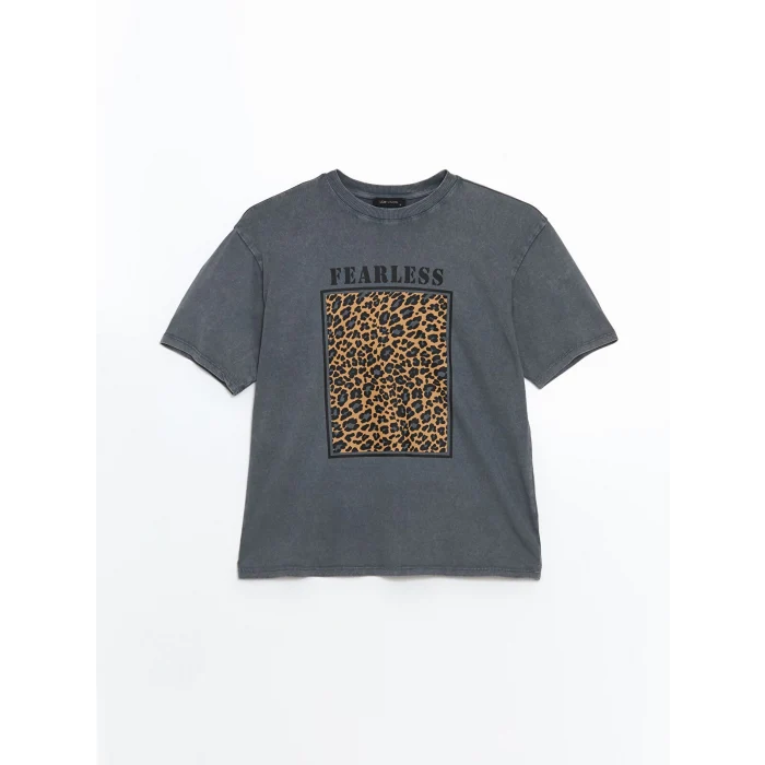 LCW Vision ANTRASİT Bisiklet Yaka Leopar Desenli Kadın Tişört