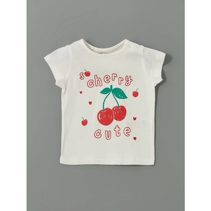 LCW baby Ekru Bisiklet Yaka Baskılı Kız Bebek Tişört ve Tayt 2li