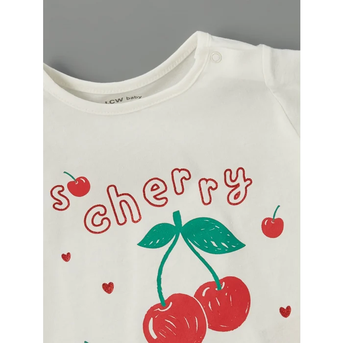 LCW baby Ekru Bisiklet Yaka Baskılı Kız Bebek Tişört ve Tayt 2li