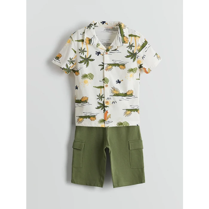 LCW Kids Bej Baskılı Erkek Çocuk Gömlek ve Şort 2li