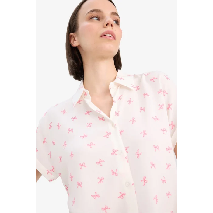 Defacto Z1661 Pembe Coool Desenli Viskon Kısa Kollu Gömlek