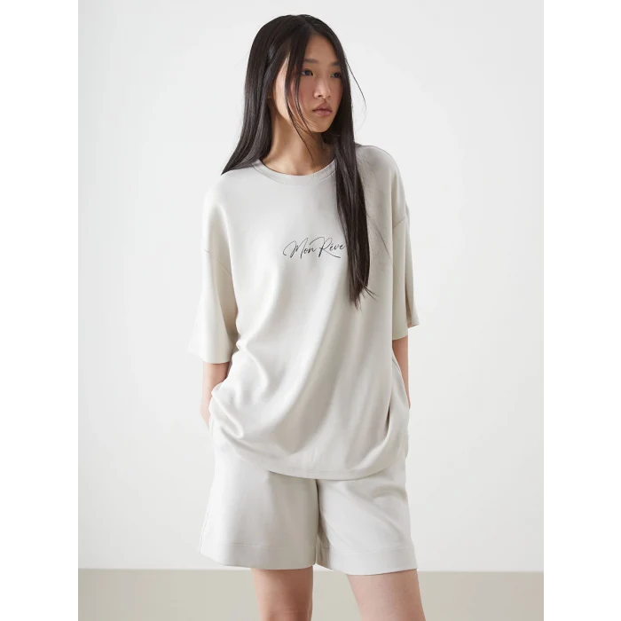 LCW Vision Bej Bisiklet Yaka Baskılı Oversize Kadın Tişört