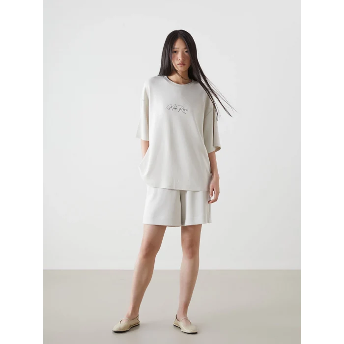 LCW Vision Bej Bisiklet Yaka Baskılı Oversize Kadın Tişört